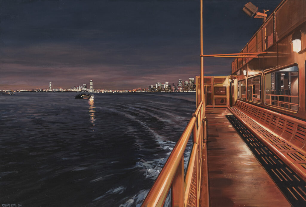 Staten Island Ferry Arriving with a Distant View of Manhattan and New Jersey